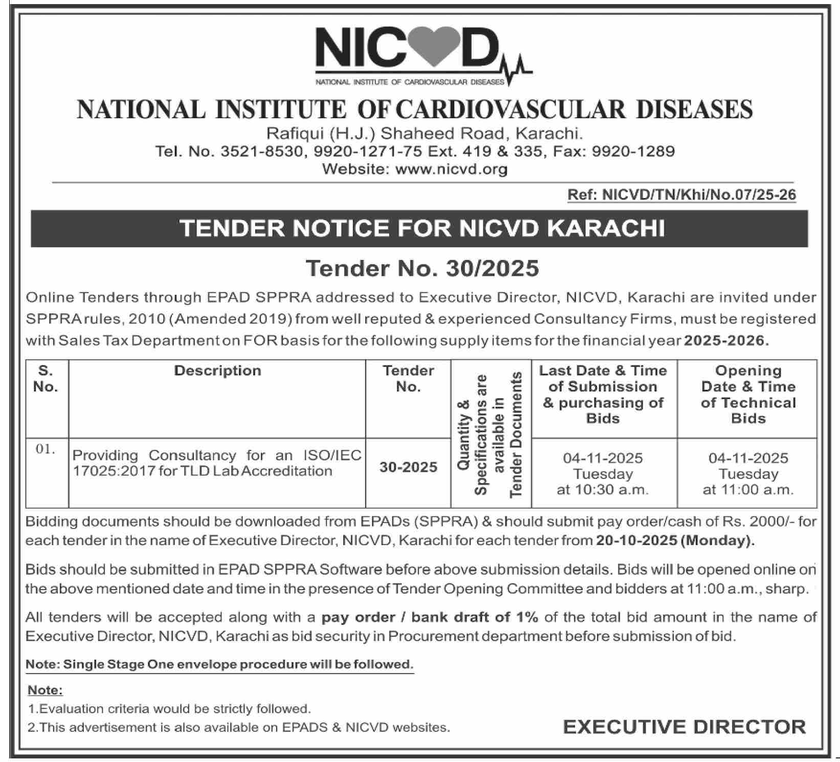 National nstitute of Cardiovascular Disease Karachi Tender Notice
